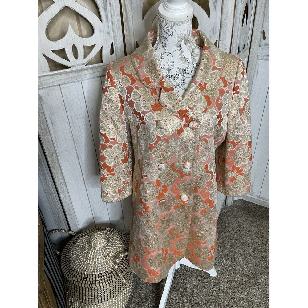 Banana Republic Silk Floral Trench Coat Button Coral Pink Metallic Sz Large